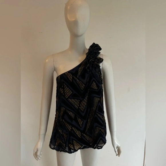 Yumi Kim XS Top Gold Blue Silk Blend Geometric Print One Shoulder Blouse - Picture 1 of 7